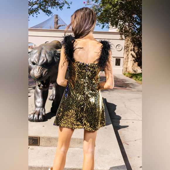 Queen of Sparkles GOLD & BLACK TIGER SEQUIN FEATHER TANK DRESS - Picture 4 of 4